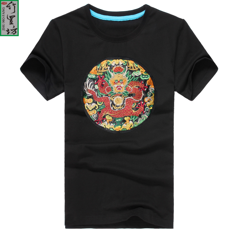 包邮刺绣龙袍图案清朝官服补子文玩短袖t恤中国风男装潮班服大码