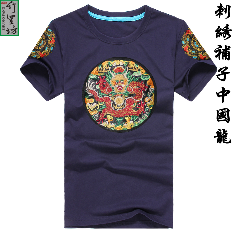 夏装中国风大码男清朝官服补子文玩龙袍刺绣纯棉短袖t恤潮情侣衫