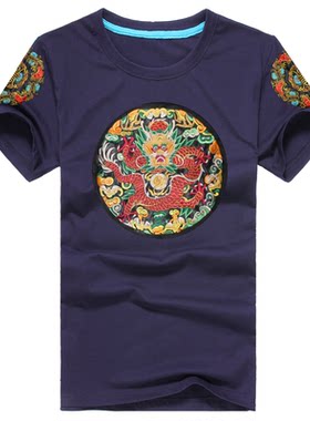 夏装中国风大码龙袍刺绣纯棉短袖