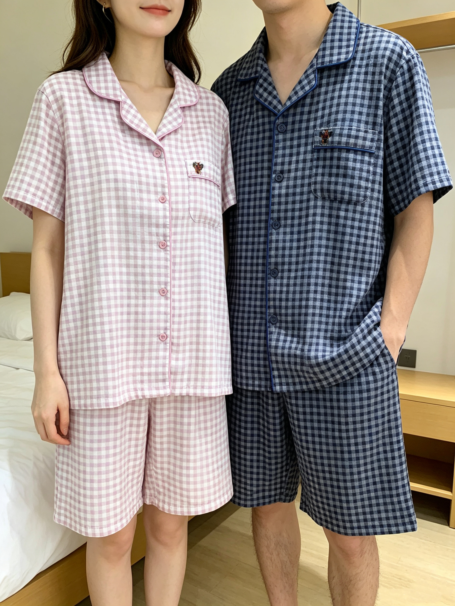 新款格子睡衣短袖短裤双层棉纱家睡衣/家居服套装