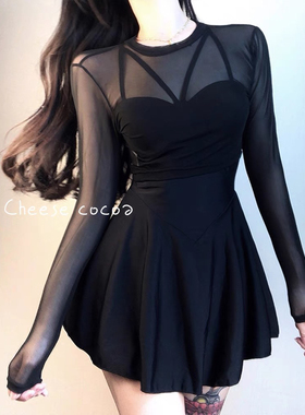 周小姐黑钢托聚拢性感高腰裙式平角连体泳衣长袖2件套泳装女温泉