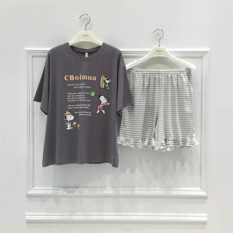 穗芳新款夏天卡通少女士短袖睡衣女纯棉薄款套头圆领显瘦家居套装