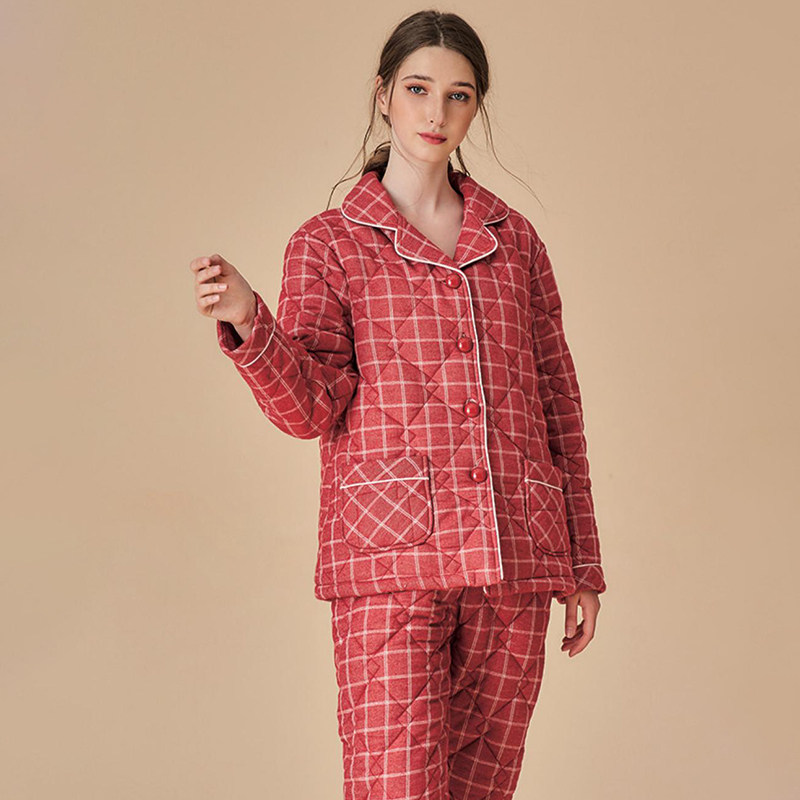 专柜安之伴纯棉夹棉睡衣女冬季珊瑚绒加厚加绒甜美格子冬款家居服