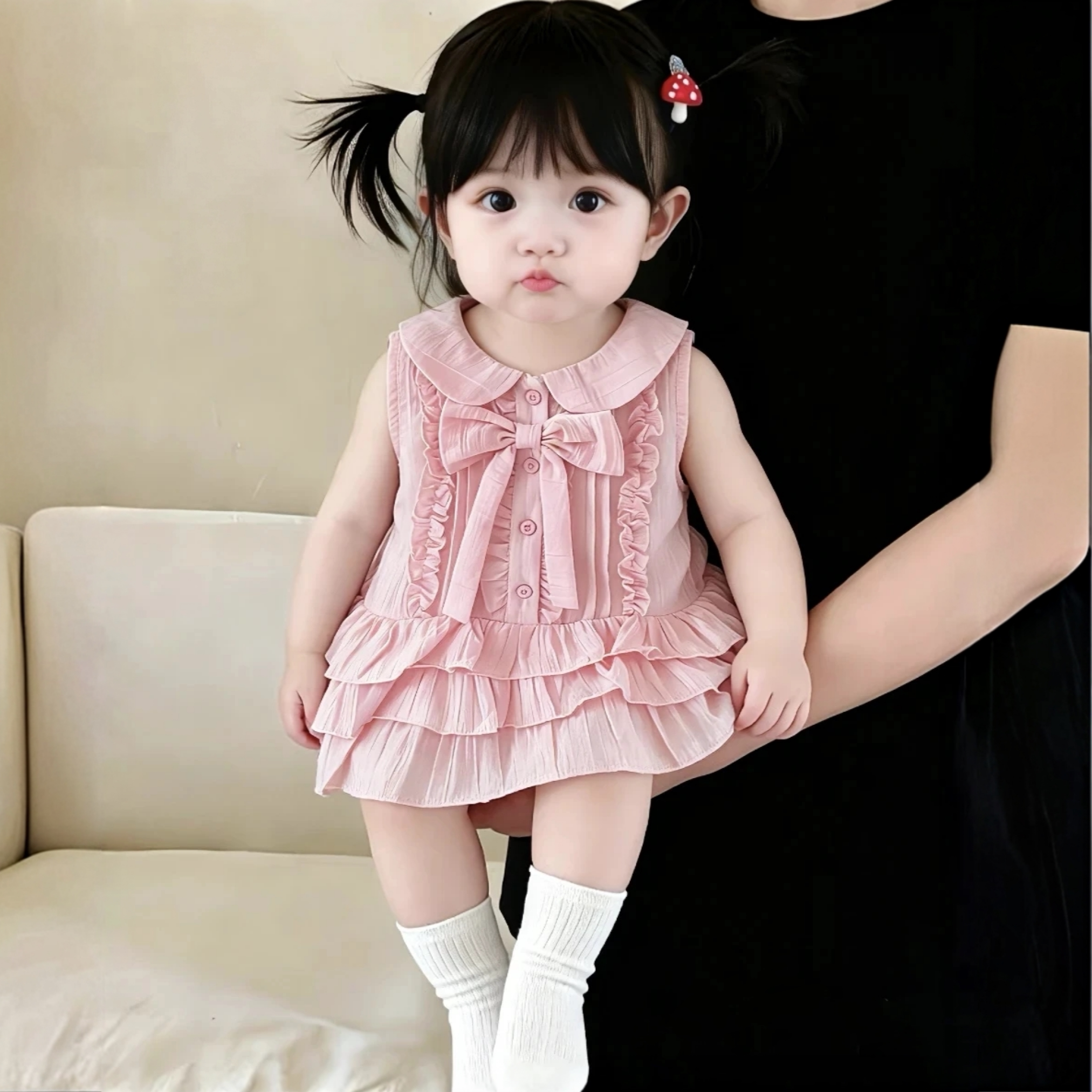 女童浅粉蝴蝶结层层裙夏季娃娃领公主裙2026新款清新无袖背心裙潮
