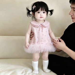 女宝宝包屁裙夏季粉色爱心哈衣裙连体衣婴儿衣服满月百天周岁礼服