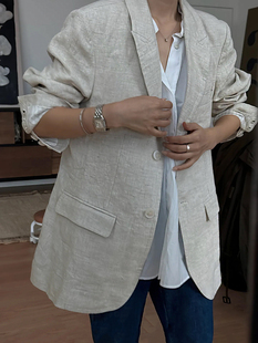 款亚麻翻领西装外套女装宽松休闲韩版慵懒风麻料西服上衣