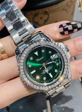 蒂米妮手表女士新款绿色面钢带镶钻网红级感大气时尚女表带日历表