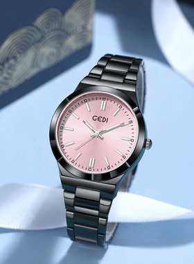 GEDI手表歌迪女表时尚多巴胺新款简约颜值石英表女士钢带表黑色带