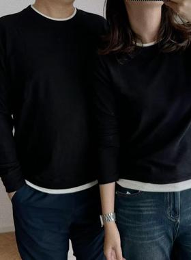 【绒朵恋人】男女情侣款双面德绒撞色圆领假两件打底衫6266-6265