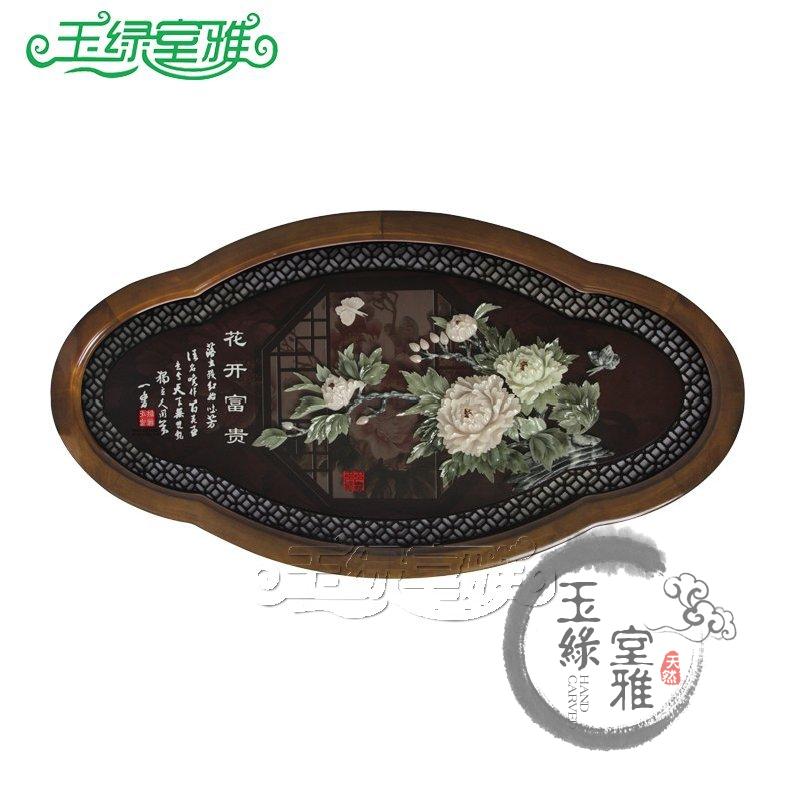 天然玉石雕刻画实木框挂画 家居饰品立体浮雕客厅玄关玉雕画