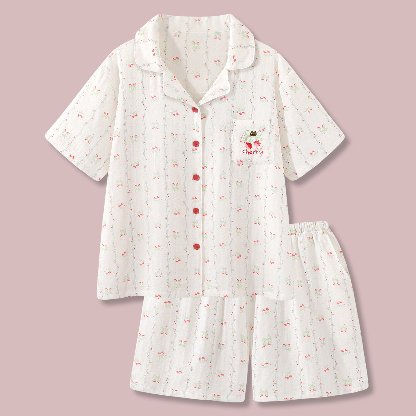 【带胸垫】A类纯棉纱布睡衣女款夏季可外穿甜美樱桃可外穿家居服