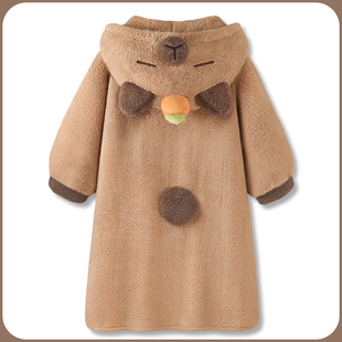 家居服浴袍 超柔软卡皮巴拉加厚可外穿中长款 珊瑚绒睡袍女款 秋冬季