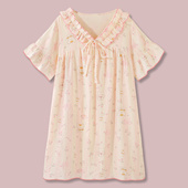 短袖 夏季 日系甜美纯棉纱布睡衣女款 睡裙可外穿家居服 花园少女