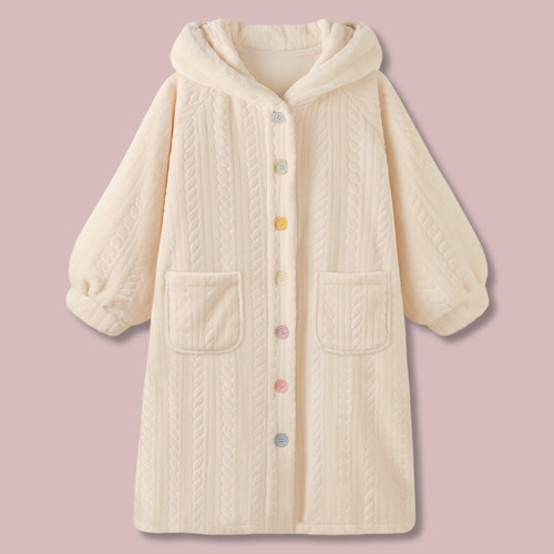 秋冬季保暖加厚法兰绒大纽扣睡袍