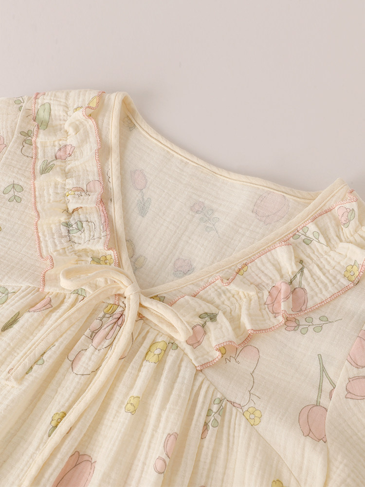 꽃길을 걷는 토끼 여성용 잠옷 여름 얇은면 거즈 달콤한 통기성 대형 느슨한 잠옷 가정 의류