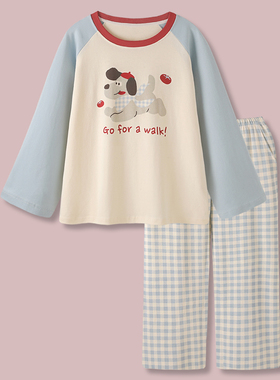 『吃番茄の狗』时尚卡通格纹情侣睡衣女春秋男长袖带胸垫家居服套