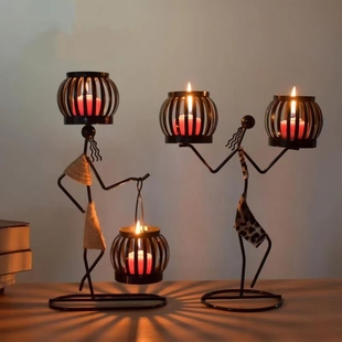 如妙意田园双灯笼复古工艺铁人烛台摆件烛光晚餐气氛铁艺布置道具