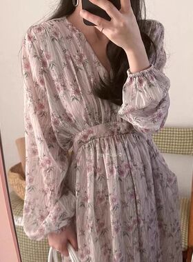 imissyou连衣裙2024春新款气质茶歇法式温柔V领收腰雪纺碎花长裙