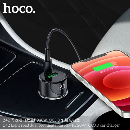 Hoco Haoku Z42 автомобиль мобильный телефон зарядка двойной USB -номер, показывающий автомобильную зарядку PD20WQC3.0.