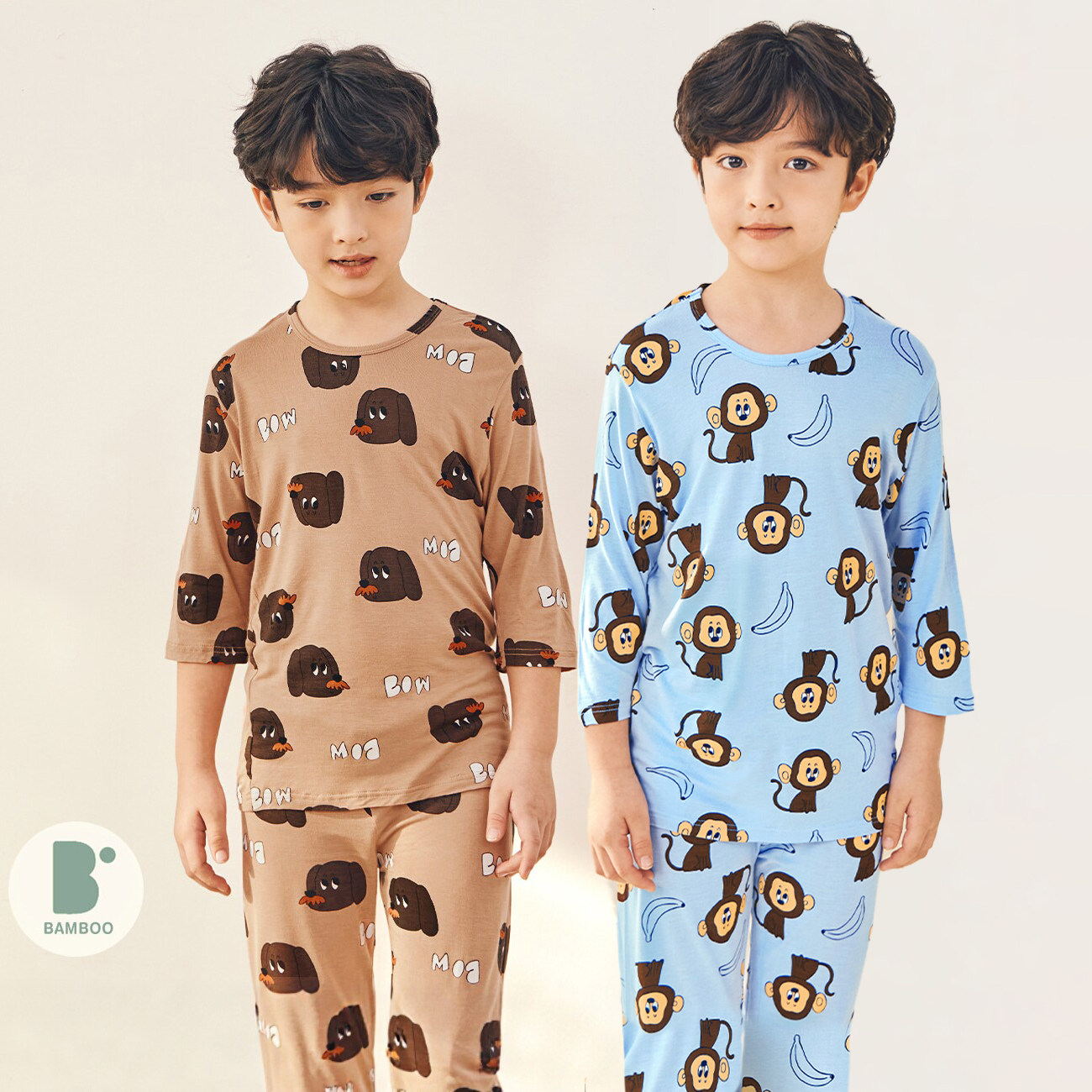 竹纤维儿童睡衣空调服冰丝中袖男童女童天丝家居服七分袖短袖宝宝