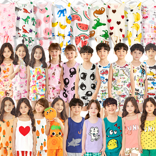 坎袖 薄款 儿童背心短裤 夏季 男童夏装 竹节棉家居服女童吊带睡衣套装