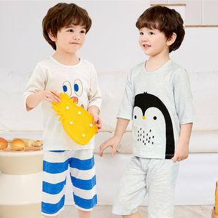 韩国儿童睡衣男童夏季家居服男童纯棉纱线宝宝空调服套装卡通企鹅