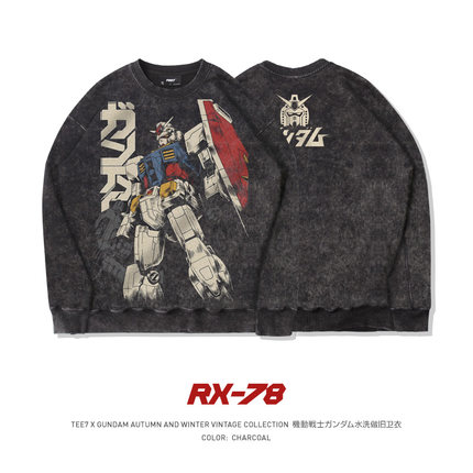 TEE7-日系动漫复古高达机动战士水洗做旧宽松秋冬厚纯棉圆领卫衣