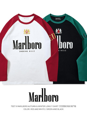 TEE7-2025春夏新品美式复古万宝路高街重磅插肩长袖T恤纯棉宽松