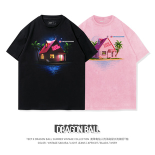 TEE7龙珠龟仙人度假小屋水洗做旧复古怀旧纯棉宽松短袖 T恤ins爆款