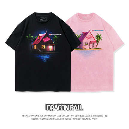 TEE7龙珠龟仙人度假小屋水洗做旧复古怀旧纯棉宽松短袖T恤ins爆款