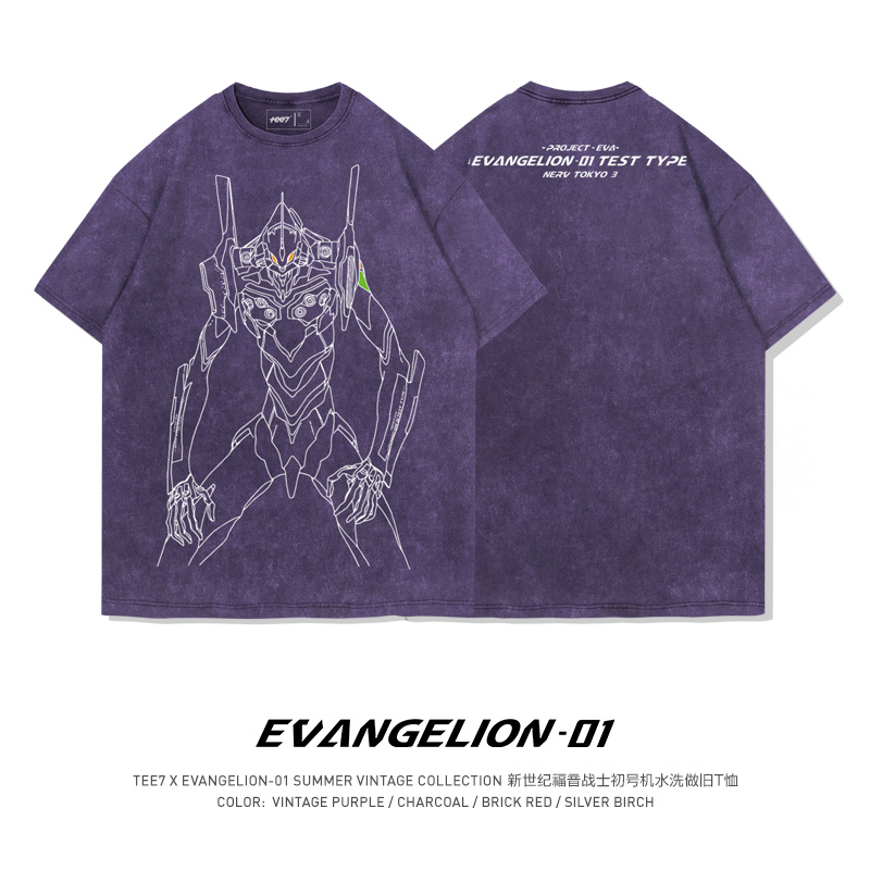 TEE7-日系动漫eva初号机T恤水洗做旧复古ins宽松纯棉极简短袖