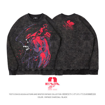 TEE7-日系动漫eva明日香圆领卫衣美式重磅水洗蜡染纯棉复古潮流