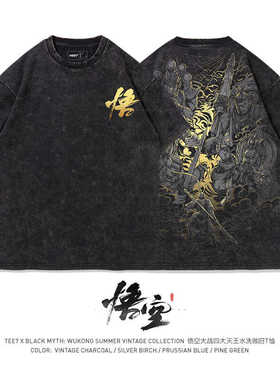 TEE7国潮黑神话悟空周边T恤四大天王做旧复古敦煌风纯棉宽松短袖