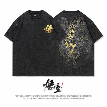 TEE7国潮黑神话悟空周边T恤四大天王做旧复古敦煌风纯棉宽松短袖