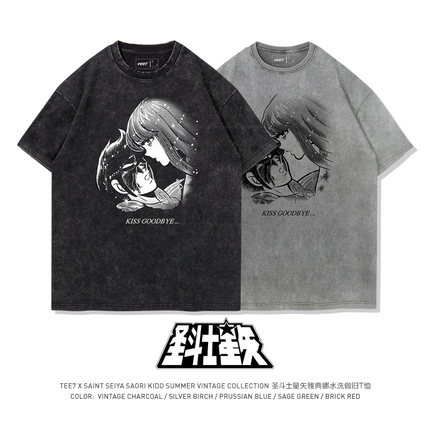 TEE7-圣斗士星矢雅典娜水洗做旧纯棉宽松复古动漫短袖T恤