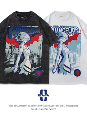 TEE7-日系动漫eva绫波丽短袖复古印花落肩宽松男女潮流纯棉T恤