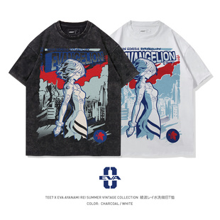 TEE7 复古印花落肩宽松男女潮流纯棉T恤 日系动漫eva绫波丽短袖