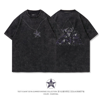 TEE7-日系动漫圣斗士T恤冥王三巨头项链款水洗做旧纯棉宽松短袖