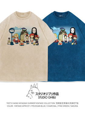 TEE7-宫崎骏全家福水洗做旧复古动漫短袖T恤纯棉宽松ins高街爆款