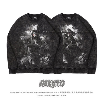 TEE7日系动漫火影宇智波鼬止水圆领卫衣水洗做旧复古蜡染纯棉宽松