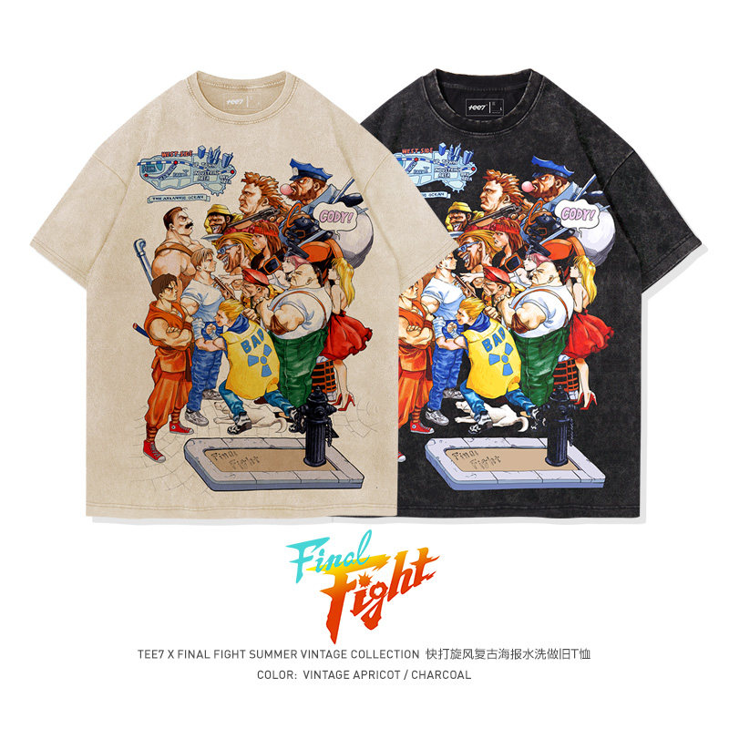 TEE7复古街机游戏快打旋风全家福水洗做旧ins美式做旧纯棉短袖T恤