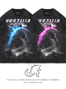 TEE7-2024新款哥斯拉大战金刚电影水洗炭黑纯棉做旧宽松短袖T恤