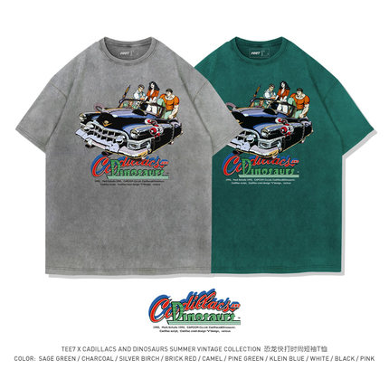 TEE7-复古街机游戏凯迪拉克恐龙快打T恤水洗做旧vintage纯棉宽松