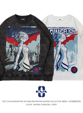 TEE7-日系动漫eva绫波丽圆领卫衣水洗做旧美式复古纯棉宽松外套