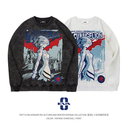 TEE7-日系动漫eva绫波丽圆领卫衣水洗做旧美式复古纯棉宽松外套