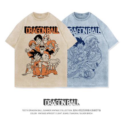 TEE7-龙珠小悟空的幸福童年全家福水洗做旧短袖T恤复古怀旧棉宽松