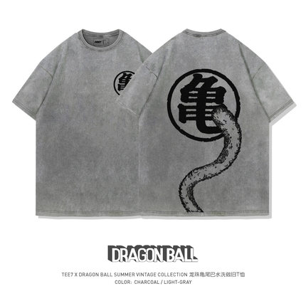 TEE7-日系动漫龙珠悟空龟字悟字复古印花重磅水洗做旧纯棉短袖T恤