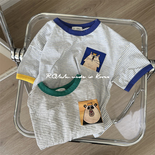【现货】RQMM韩国童装代购mimico夏撞色条纹卡通印花纯棉短袖T恤