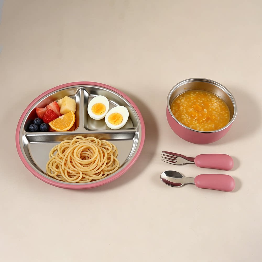 硅胶不锈钢餐盘三格吸盘餐盘宝宝餐具分隔餐盘套装防烫可拆卸