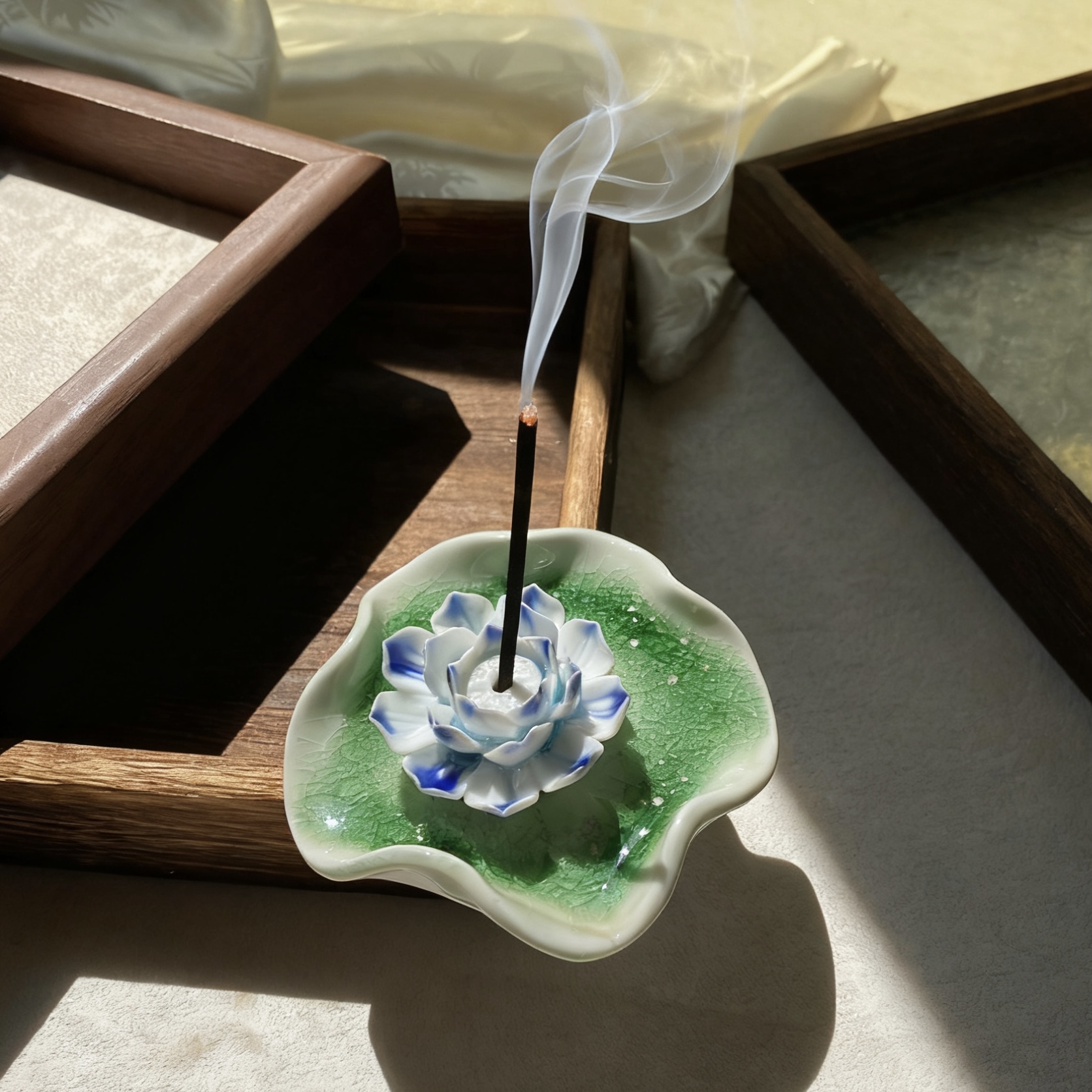 手工·景德镇陶瓷香盘 冰裂荷叶线香盘香座香插莲花佛堂礼物